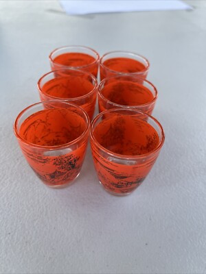 Lot of 6 Shot Glass Set Asian Pattern Japan Landscape Bridge House-image