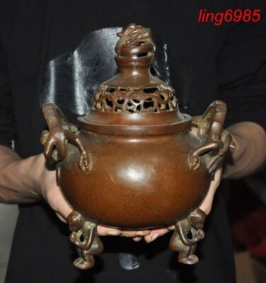 China Buddhism temple bronze bamboo dragon joss Incense burner Censer statue-image