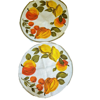 Mid Century Modern Pair Of Round Doilies Fruit Orange 1960s Jute MCM 38cm German-image