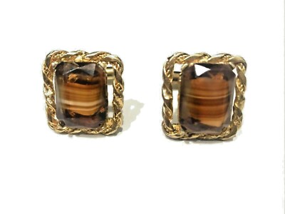 Vtg Mid Century Amber Cats Eye Faux Stone Gold-tone 3D Relief Cuff Link Set-image
