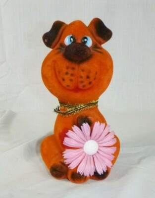Vtg Mid Century Flocked Orange Dog Piggy Bank 7