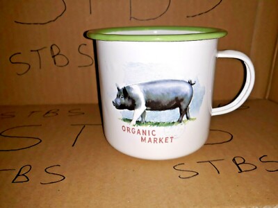 Creative Co-Op Chad Barrett Organic Market Pig Design White Tin Metal Enamel Mug-image