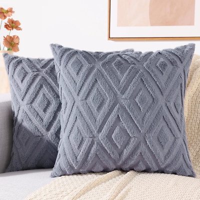 Couch Throw Pillow Covers 18X18 Set of 2, Decorative Soft Plush Faux Wool Pillow-image