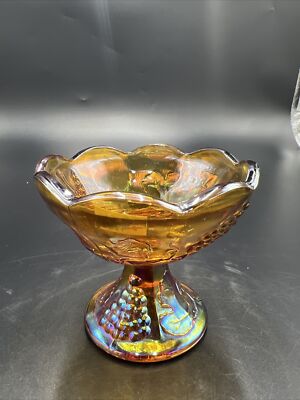 Indiana Carnival Glass Footed Taper Candle Holder Harvest Grape Orange Mid Centu-image