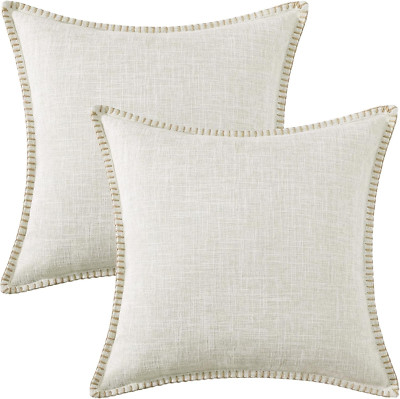 Decorative Outdoor Throw Pillow Covers 18X18 Set of 2, Square Linen Rustic Neutr-image