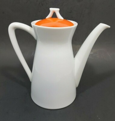 Mid Century Modern Ceramic Serving Teapot White with Orange Lid Unmarked-image