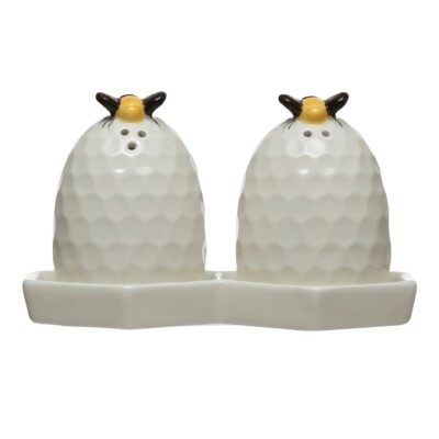 Creative Co-Op BEE 3 Pc. Salt & Pepper Shaker Set with Tray Beehive Bumblebee-image