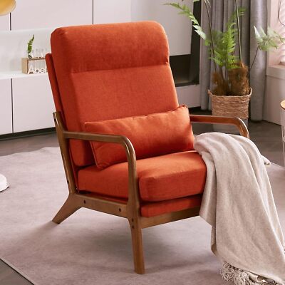 Bonnlo High Back Linen Burnt Orange Mid Century Modern Accent Chair, Living Room-image