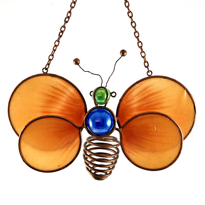 Stained Glass Orange Winged Butterfly Window Suncatcher Marbles Copper Wire Body-image