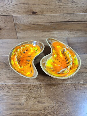 Set of Two (2) Vintage Mid-Century USA Drip Glaze Ashtrays Orange Yellow Brown-image