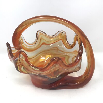 Art Glass Basket Bowl Orange Clear Swirl Mid Century Modern Sooner Style 6”-image