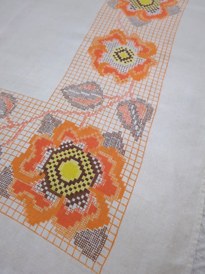 Vintage Tablecloth Mid Century Orange Yellow Brown Flowers Rectangular 70s 80s-image