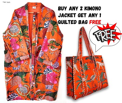 Tropical Orange Print Kantha Front Open wear Mid-length Jacket Quilted Bag Free-image