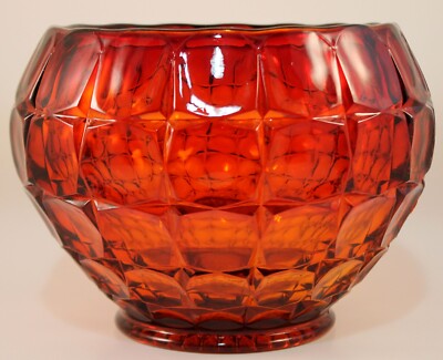 Vtg Mid Century Indiana Glass Red To Orange Amberina Thumbprint Serving Bowl-image