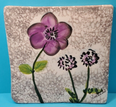 Creative Co-Op Pottery Tile Trivet Purple Flowers-image