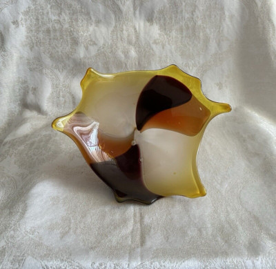 Modern Art Glass Free Form Bowl - Mid Century Style Orange Brown Yellow Decor-image