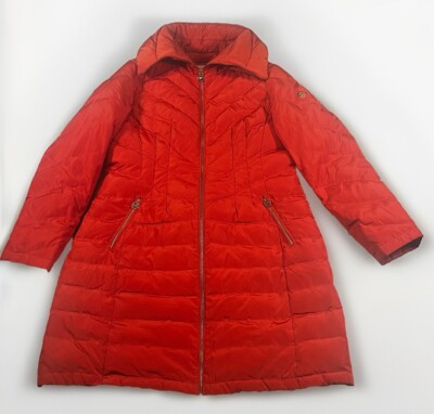 Michael Kors Orange Down Turtle Neck High Collar Mid Length Puffer Jacket L Read-image