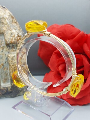 Signed Queen Bee Creative Co Bracelet 3 Yellow Rhinestones Wire Gold Tone 7.5