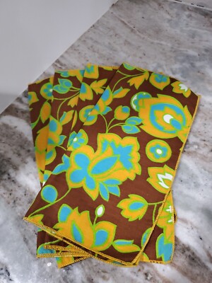 Vintage Napkins Mod Floral Mid Century Modern Orange Brown blue 10.5 x 10.5 -image