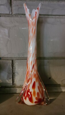 Vintage Mid Century Stretch Glass Vase Orange White Swirl Base 15