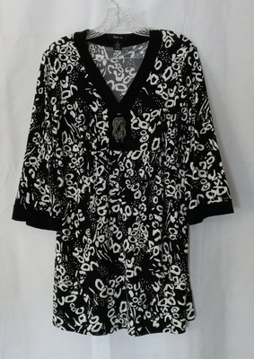 Style & Co Top M Stretch Knit Tunic Shirt Blouse Black White Printed Embellished-image