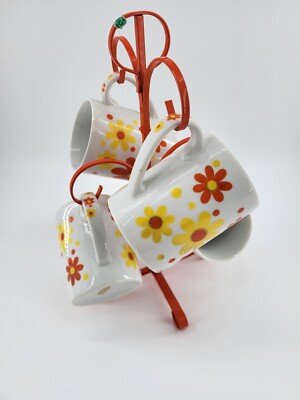 Takahashi Orange Yellow Flower Daisies Mid Century Mugs With Stand-image