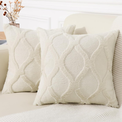 Decorative Throw Pillow Covers 18X18 Set of 2, Soft Plush Faux Fur Wool Pillow C-image