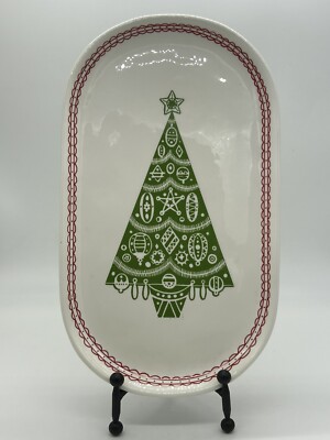 CREATIVE CO-OP Oval Porcelain Christmas Tree Platter w/ Red Trim Design-image
