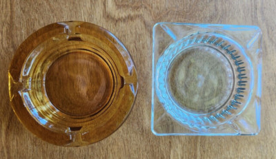 2 Vtg Glass Ashtrays 1 Round Orange/Brown 1 Sq Clear Mid Century Modern 4 1/2