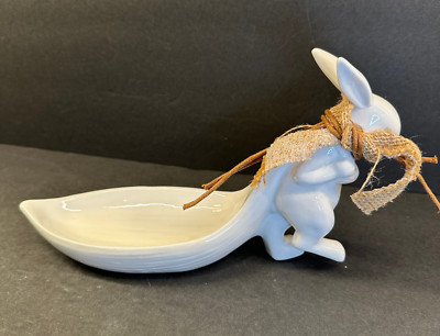 White Stoneware Bunny Rabbit Pulling Leaf Shaped Trinket Dish - Creative CoOp-image