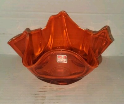 Vintage Viking MCM Mid Century Drape Art Glass Bowl Orange Red-image