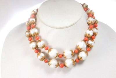 Vintage Mid Century Deauville Orange And White Beaded Layered Necklace-image