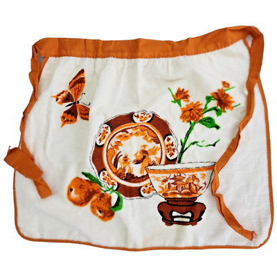 Apron Terry Cloth 1960s Fruit Asian Bowl White Orange Green Mid Century MCM-image