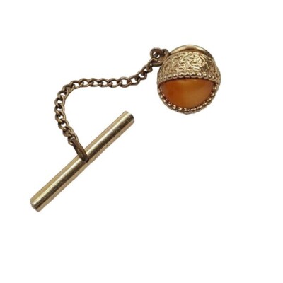 Vintage Mid Century Tie Tack Pin W/ Chain Oracle Eye Shaped Round Yellow Stone -image