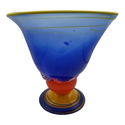 Hand Crafted Blue Yellow and Orange Mid-Century Modern Blown Glass Bowl *Read*-image