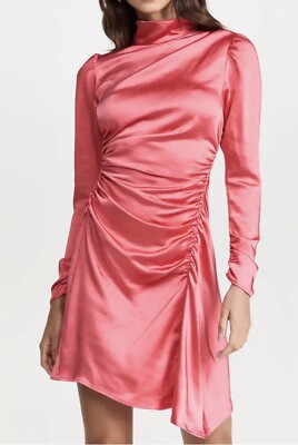 $450 A.L.C. Joss Ruched Satin Dress 00 Hibiscus Pink Asymmetrical Sheath Mini-image