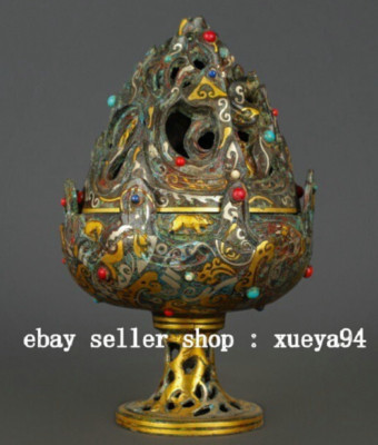 10.6''Old Dynasty Bronze Ware Gilt Silver Gems Boshan Joss Incense Burner Censer-image