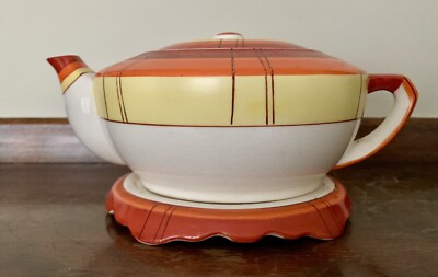 Mid-Century Modern Orange Yellow Teapot w/Stand 8” Spout to Handle 3” Tall-image