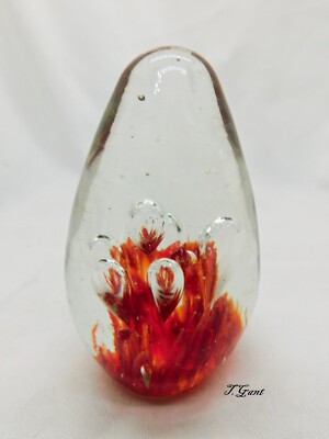 Mid Century Modern Art Glass Egg Large bubbles with Orange Foliage Paperweight-image