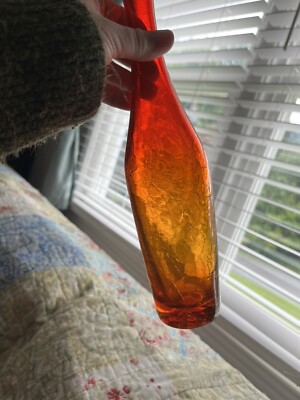 Mid Century AMBERINA Deep Tangerine CRACKLE Art Glass VASE-image