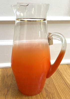 Vintage Mid Century Modern Frosted Burnt Orange Pitcher With Gold Band-image