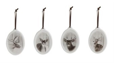 Creative Co-Op XM2514A Ceramic Oval Ornament w/ Deer Head White & Brown Set of 4-image