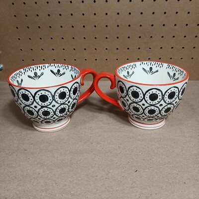 creative co-op Tea Coffee Mug Boho Design Black And Red 3.25”H Set Of 2-image