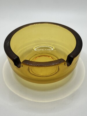 Vintage Amber Glass Ashtray Mid Century Orange Yellow Round 3.75