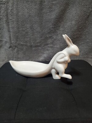 White Stoneware Bunny Rabbit Pulling Leaf Shaped Trinket Dish - Creative CoOp-image