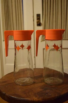 2 Mid-Century Vintage Juice Tang Pitcher Servers Atomic Orange Anchor Hocking-image