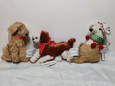3 PLUSH DOG ~Creative Co-op ~CHRISTMAS TREE ORNAMENT ~Mixed ~Golden ~Hound -image