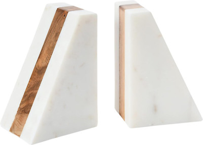 Main + Mesa Marble Geometric Bookends with Wood Inlay, White-image