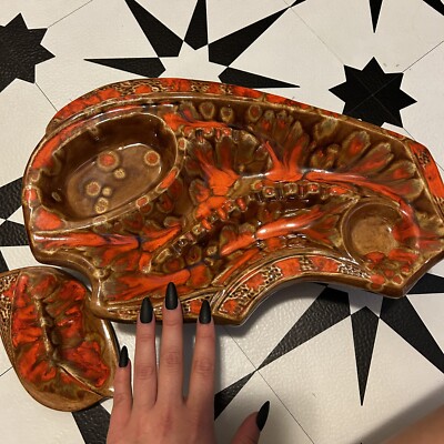 Mid-Century Pottery Orange & Brown Drip Glazed Pottery Centerpiece Ashtray-image