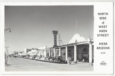 1940 Mesa, Arizona - REAL PHOTO Main Street, Old Autos, Drug Store, Old Postcard-image